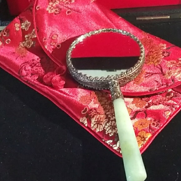 Vintage Wusai Porcelain Jade Handle Mirror - Picture 2 of 2